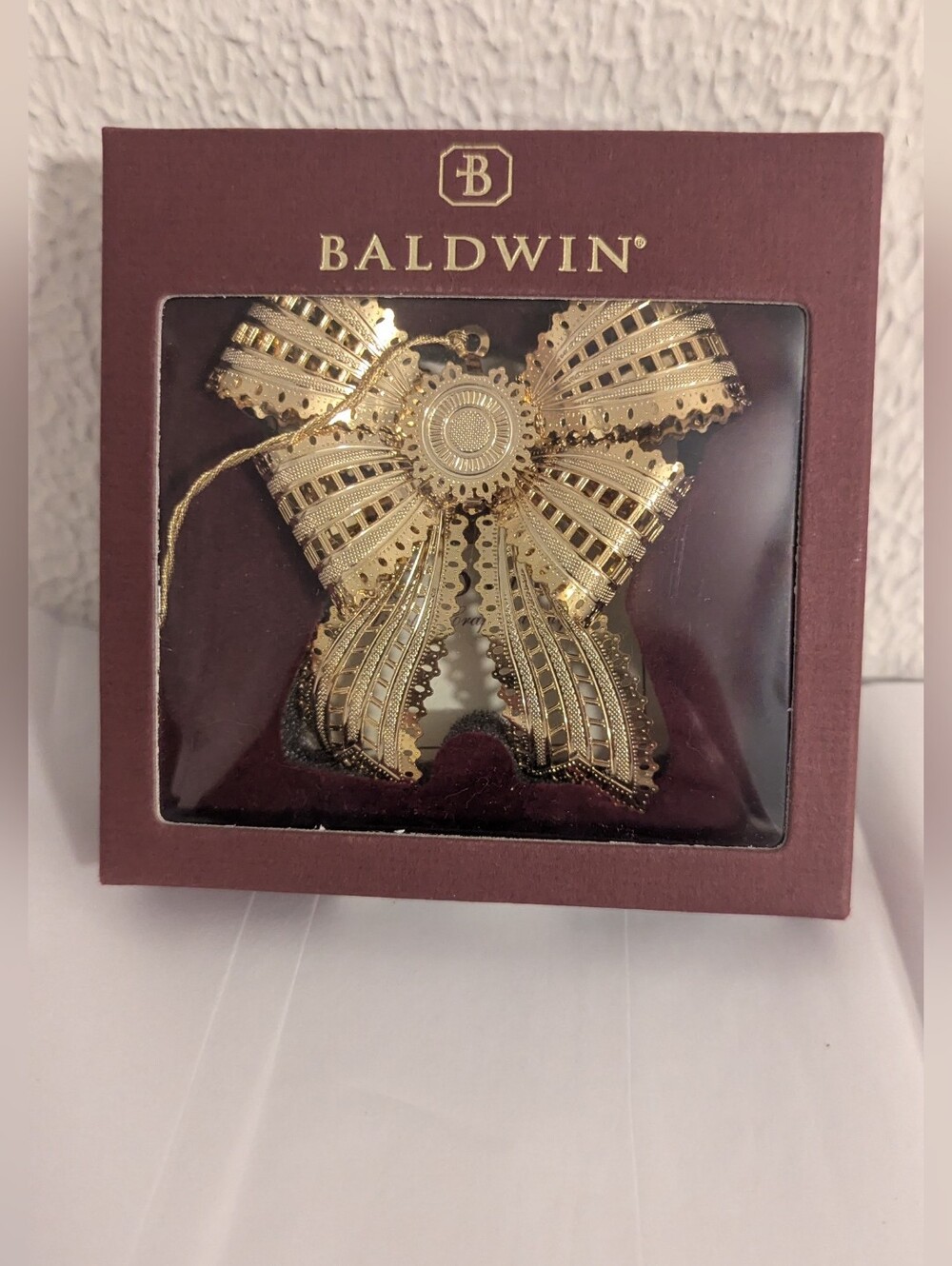Baldwin Ornament Gold Brass Elegant Bow 3" In Original Box